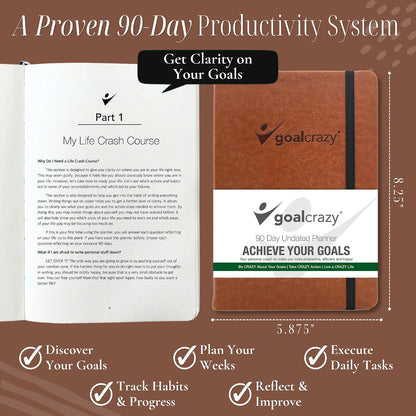 Goal Crazy Undated Planner – 90 Day Guided Journal & Productivity Organizer, A5 Daily & Weekly Planner with Goal Setting, Habit Tracker, To Do List, Academic & Work Calendar, Leather Hardcover - Black