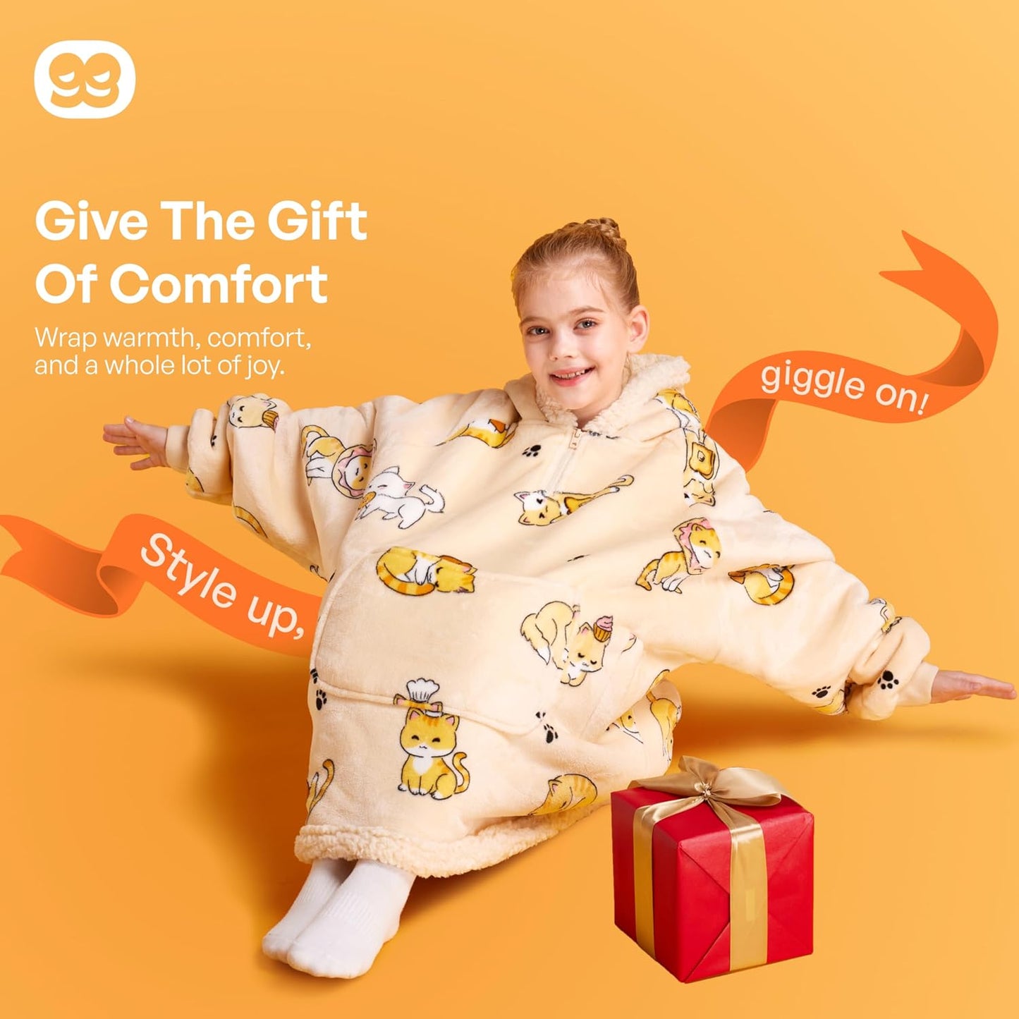 Giggling Getup Wearable Blanket Hoodie for Adults Gifts for Teen Girls Sister Women Sherpa Fleece Printed Hooded Blanket Sweatshirt Warm Cozy with Pocket & Sleeves Beige Cat