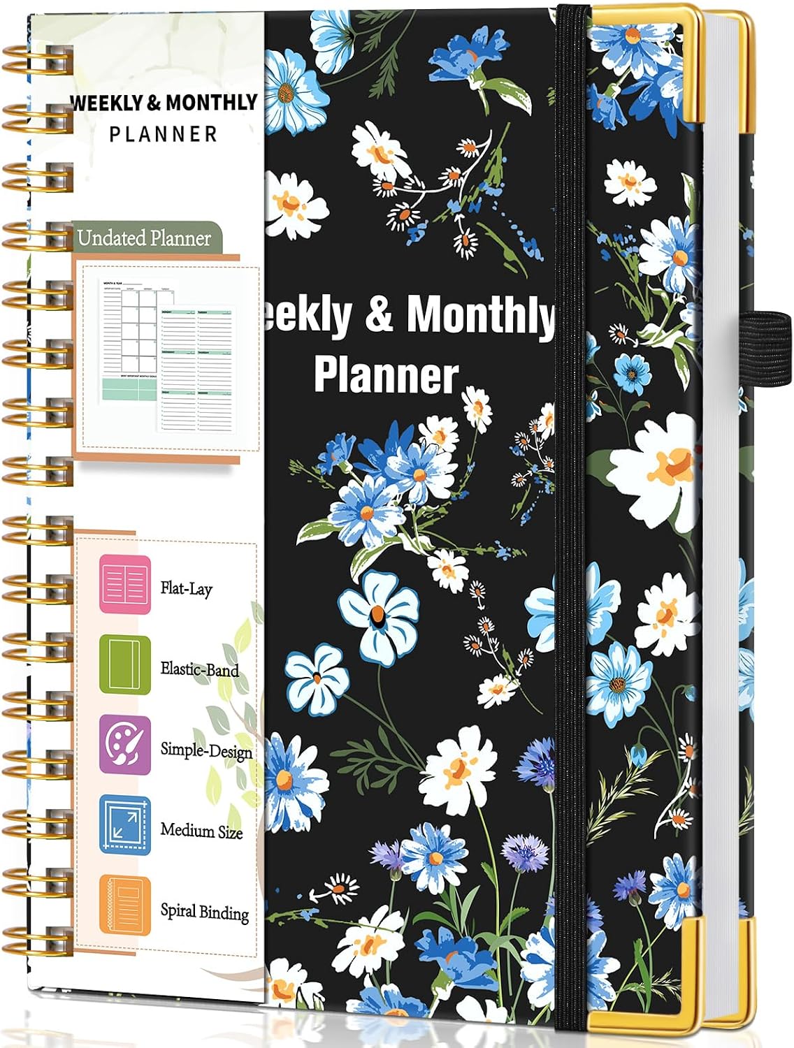 Undated Weekly Planner, Hardcover Leather Weekly & Monthly Calendar Blank Planner, To Do List Notebook with Goal & Habit Tracker Organizer, A5 Daily Planner with Spiral Binding, Ideal for Work School Home, Black