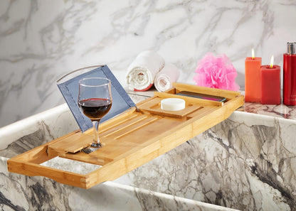 Bamboo Bathtub Caddy Tray, Expandable Bath Table Over Tub with Glass Book