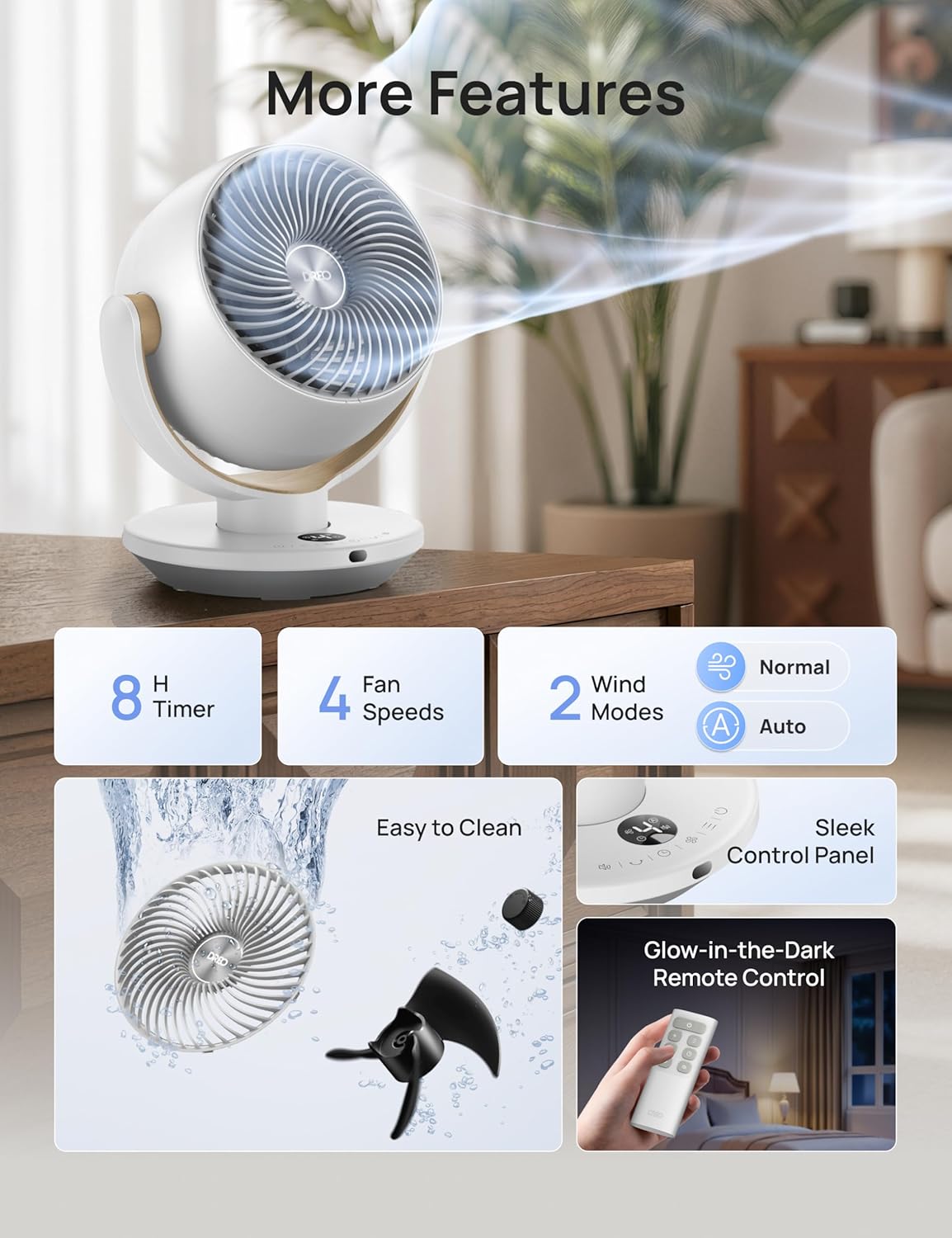DREO Fan for Bedroom, Desk Air Circulator Fan with Remote, 11 Inch Table Fans for Whole Room, 65ft Powerful Airflow, 120° Vertical Manual +90° Oscillating, 4 Speeds, 8H Timer, 25dB Quiet Fan, Home