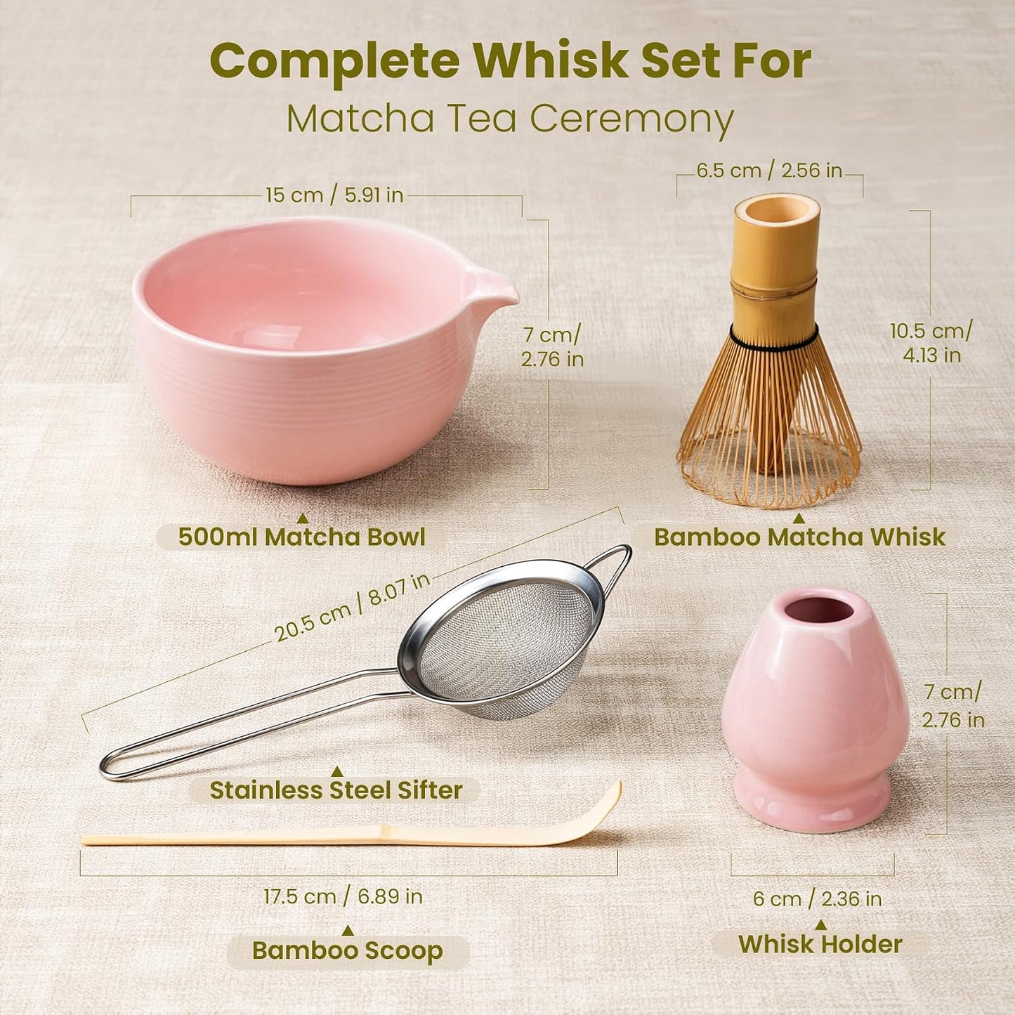 7Pcs Matcha Whisk Set, Matcha Set Whisk and Bowl,Bamboo Scoop, Scoop Rest, Sifter and Tea Towel, Matcha Kit W/Carved Cherry Blossm Pattern for Matcha Lovers (Sakura Pink)
