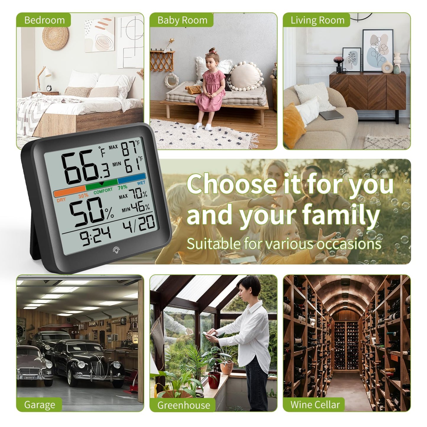 Indoor Thermometer Room Temperature Home Hygrometer Humidity Gauge, Accurate with Calibration, Backlight, Air Comfort Indicator, 24H Max Min Records, Time, Date (AAA Batteries Included)