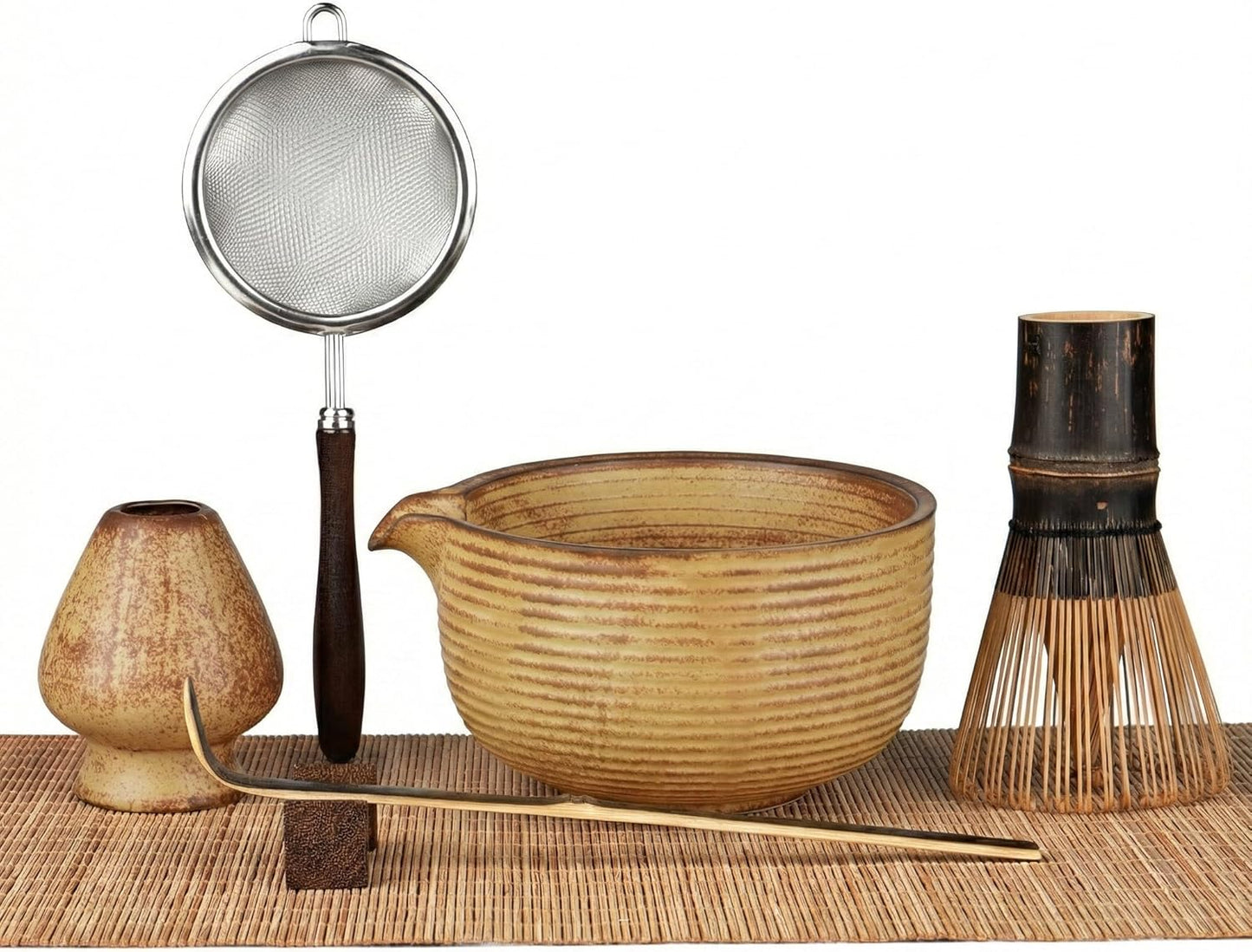Matcha Whisk Set 7-Piece with Handmade Matcha Bowl & 100-Prong Purple Bamboo Whisk (Chasen), Complete Matcha Kit with Holder, Scoop & Rest, Bamboo Tea Mat, Gift-Ready Matcha Set