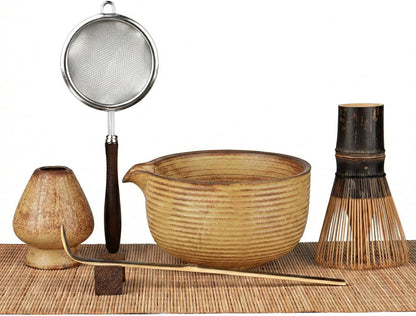 Matcha Whisk Set 7-Piece with Handmade Matcha Bowl & 100-Prong Purple Bamboo Whisk (Chasen), Complete Matcha Kit with Holder, Scoop & Rest, Bamboo Tea Mat, Gift-Ready Matcha Set