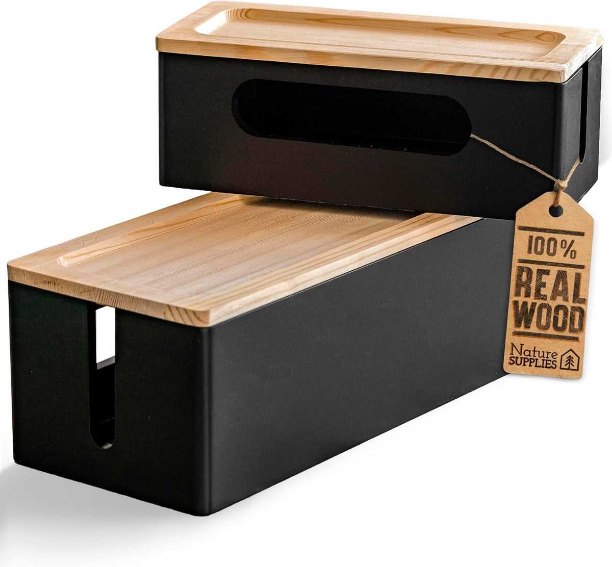 NATURE SUPPLIES Set of Two Natural Wood Cable Management Box, Large and Medium Cord Organizer to Hide Wires and Power Strips for TV, Desk, Computer, Router, Cable Storage and Cord Organization