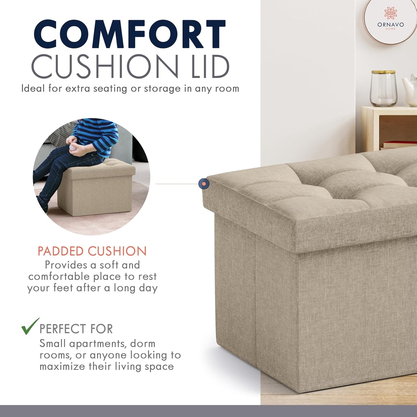 Ornavo Home Small Storage Ottoman Foldable Collapsible Rectangle Linen Ottoman Foot Rest Stool Seat, for Living Room, Bedroom, Home Office, Dorm - 12 x 16 x 12, Black