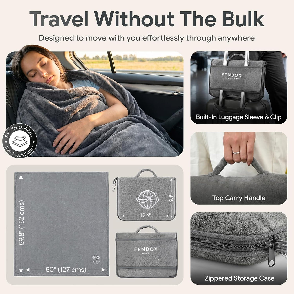 2-in-1 Travel Blanket and Pillow – Lightweight, Compact, Ultra Soft, Machine Washable – Handle, Luggage Sleeve, Backpack Clip – for Travel Airplane, Car, Office (Gray)