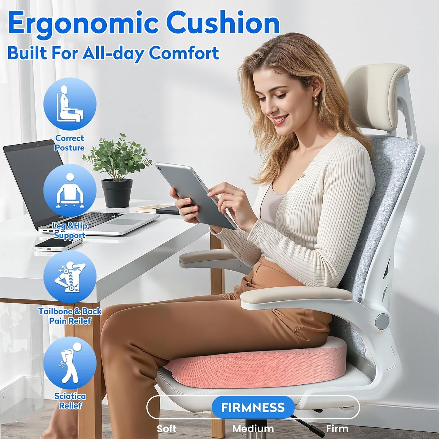 CushZone Seat Cushion - Memory Foam Office Chair Cushion for Sciatica, Tailbone & Back Pain Relief - Orthopedic Coccyx Pillow for Car, Airplane, Pregnancy & Long Sitting at Work, Black