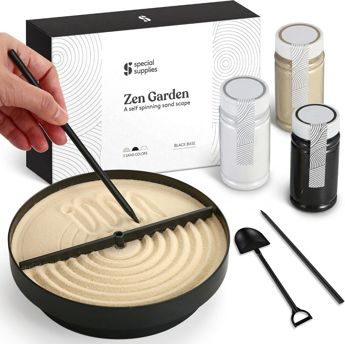 Special Supplies Zen Garden Sand Spinner – Self Spinning Sandscape for Desk, Mindfulness Kit, Stress Relief, Sensory Therapy Tools- Zen Garden Kit (Black)