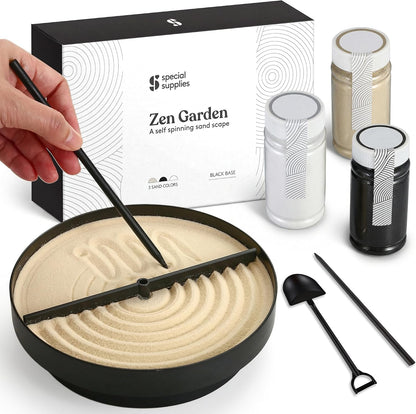 Special Supplies Zen Garden Sand Spinner – Self Spinning Sandscape for Desk, Mindfulness Kit, Stress Relief, Sensory Therapy Tools- Zen Garden Kit (Black)