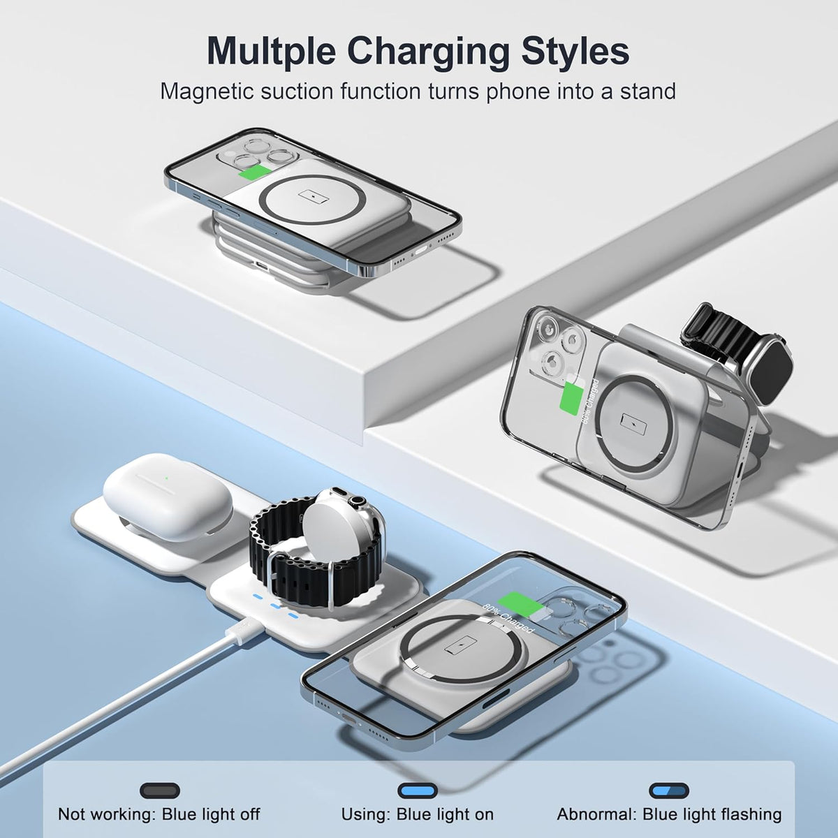 3 in 1 Charging Station for Multple Devices,Foldable 3 in 1 Wireless Charger for Travel,NANO Wireless Charging Station for iPhone17 16 15 14 13 12 Pro Max/Watch 10 9 8 7 6 5 4 3 Ultra/AirPod Pro