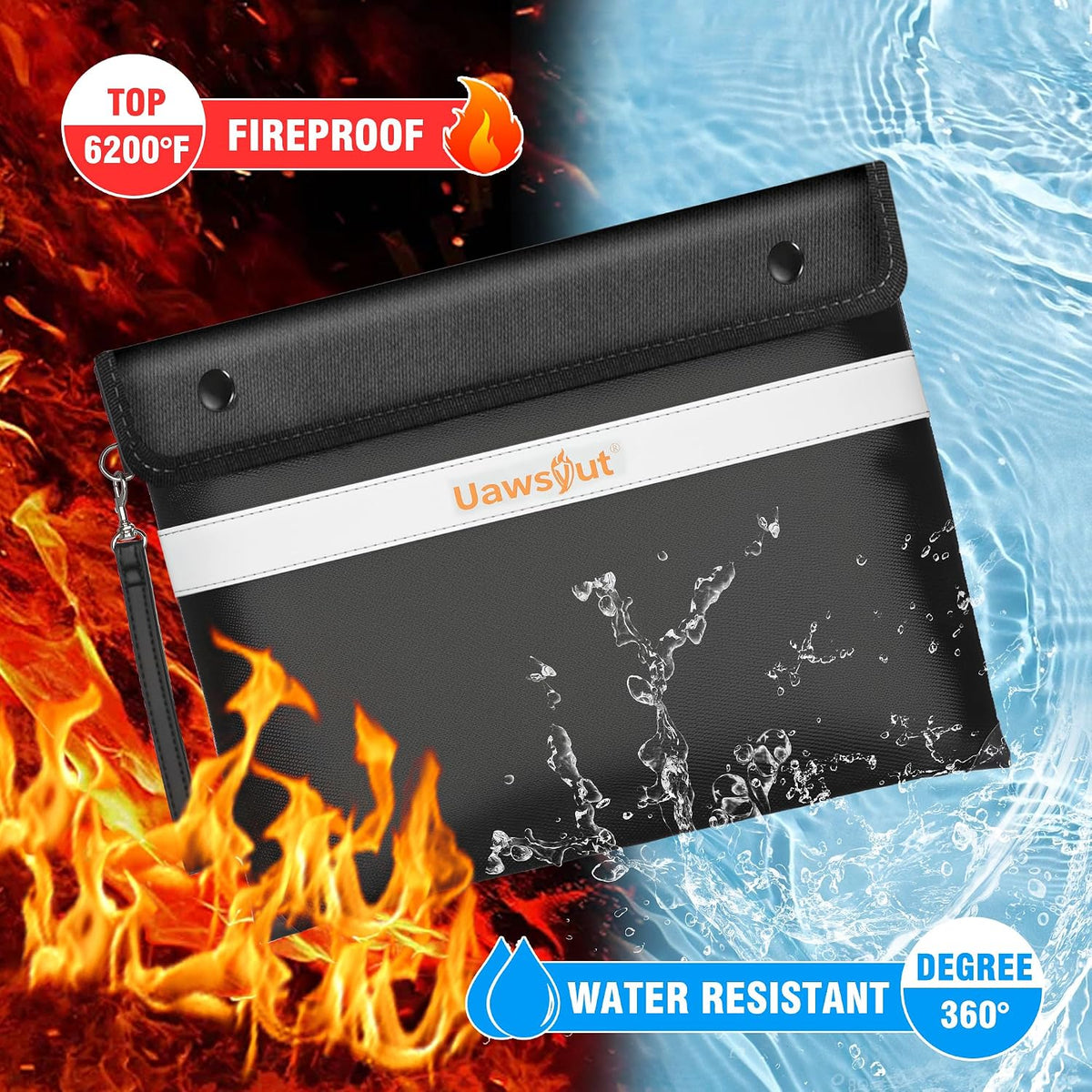 Fireproof Document Bag - 6200°F Important Document Bags with Zipper, Water Resistant Fire Proof Money Bags for Cash, Cell Phone, Tablet, Credit Card,Passport and Valuables (14.2"x11.2", Black)