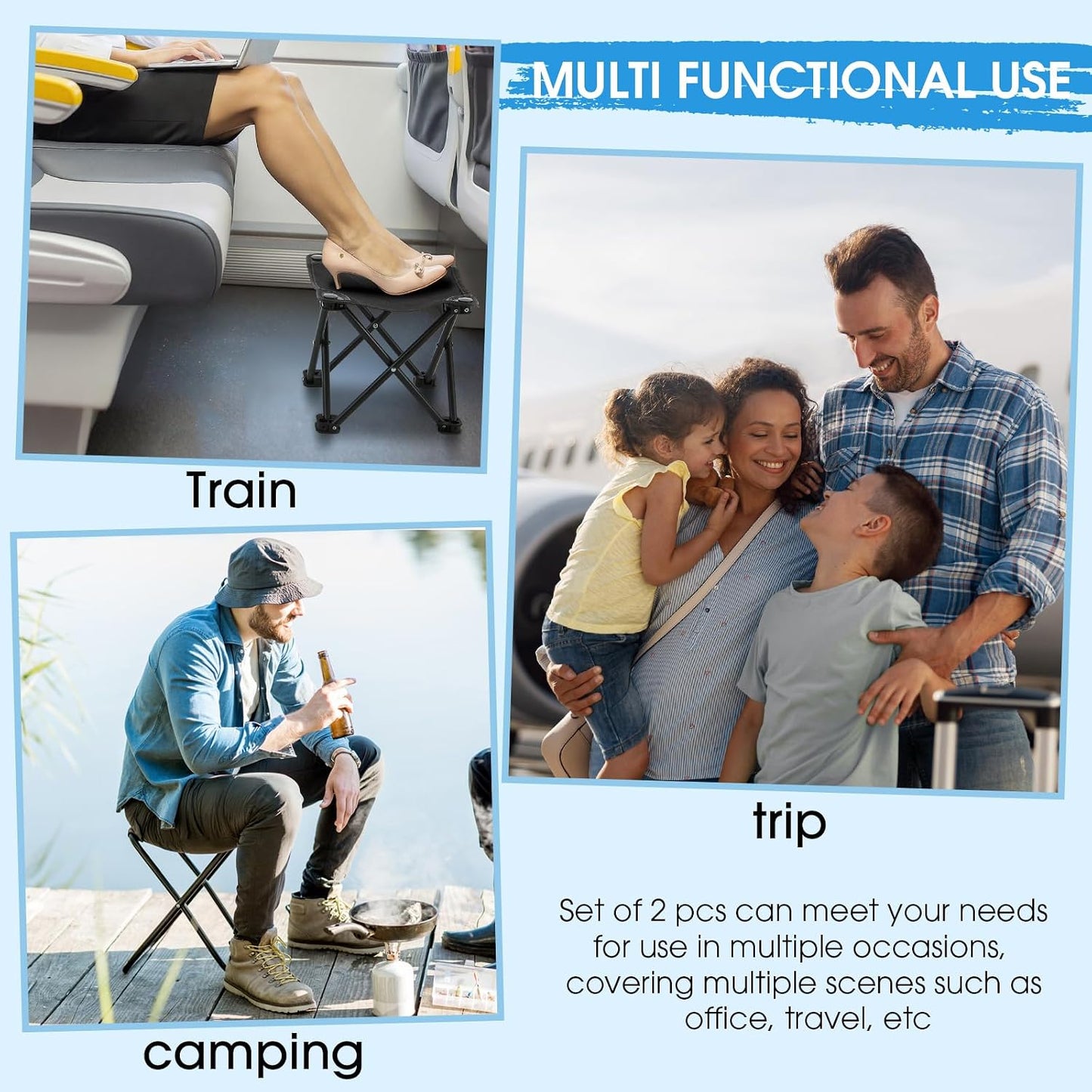 Ripeng 4 Pcs Portable Airplane Travel Foot Rest, Folding Camping Stool, Under Desk Foot Rest at Work for Long Flight, Home and Office Outdoor Hiking Fishing with Carry Bag (Black)