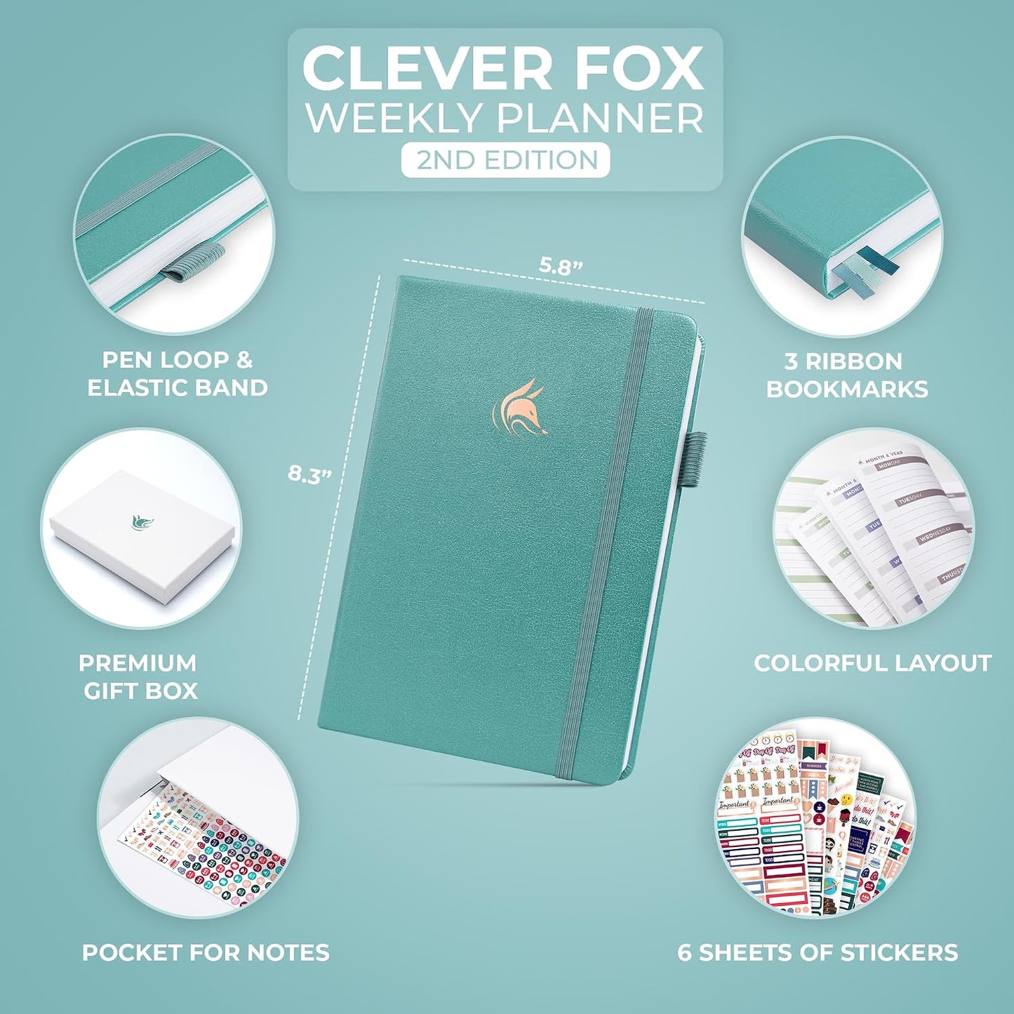 Clever Fox Planner 2nd Edition – Colorful Weekly & Monthly Goal Planner, Time Management & Productivity Organizer, Undated, A5 (Dark Teal)