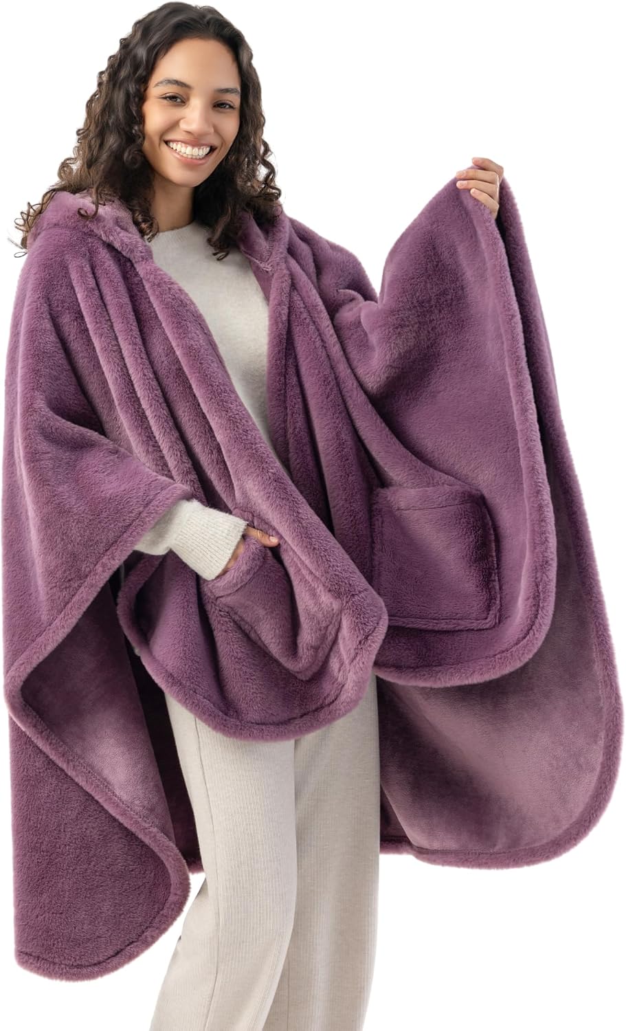 Berkshire Faux Fur Wearable Blanket, Cozy Reversible Loftmink Fleece Shawl with Hood & Side Pockets