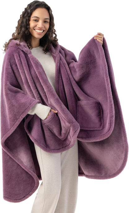 Berkshire Faux Fur Wearable Blanket, Cozy Reversible Loftmink Fleece Shawl with Hood & Side Pockets