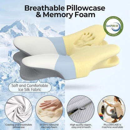 Cervical Neck Pillow - Contour Memory Foam Pillows for Pain Relief, Ergonomic Pillow for Sleeping, Side Sleeper Pillow for Neck Support, Orthopedic Bed Pillow for Back Stomach Sleepers(White & Blue)