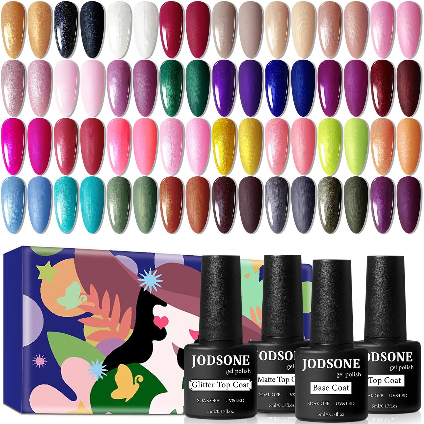JODSONE Gel Nail Polish Kit 60 PCS with U V Light Soak off Base Top Coat 55 Shine Colors Gel Nail Kit Bright and Dark Brown Wine Red Series Manicure Set for Women and Girls