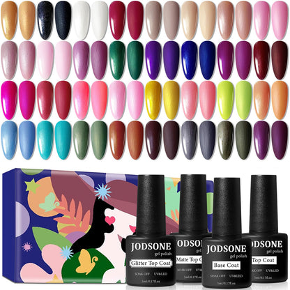 JODSONE Gel Nail Polish Kit 60 PCS with U V Light Soak off Base Top Coat 55 Shine Colors Gel Nail Kit Bright and Dark Brown Wine Red Series Manicure Set for Women and Girls