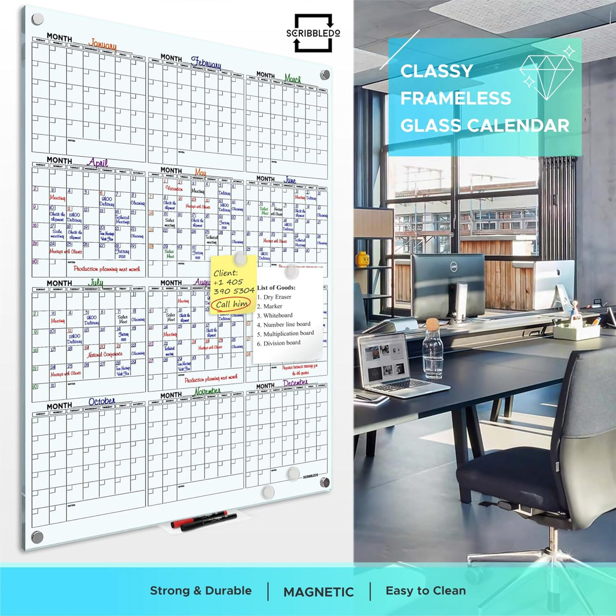 Magnetic 34”x46” Glass Whiteboard Calendar Yearly Dry Erase Planner for Wall Large Glass Whiteboard Calendars for Home and Office