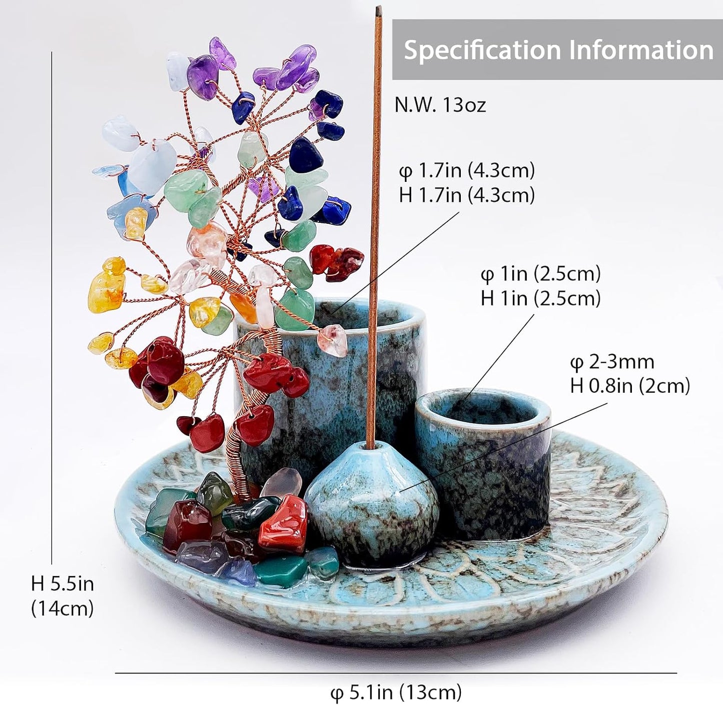 5 in 1 Incense Burner Holder with Crystal Healing Tree, Palo Santo Holder, Sage Holder, Incense Holder for Sticks/Cones/Candles, Ceramic Tray Ash Catcher for Burning Incense, Meditation Gift