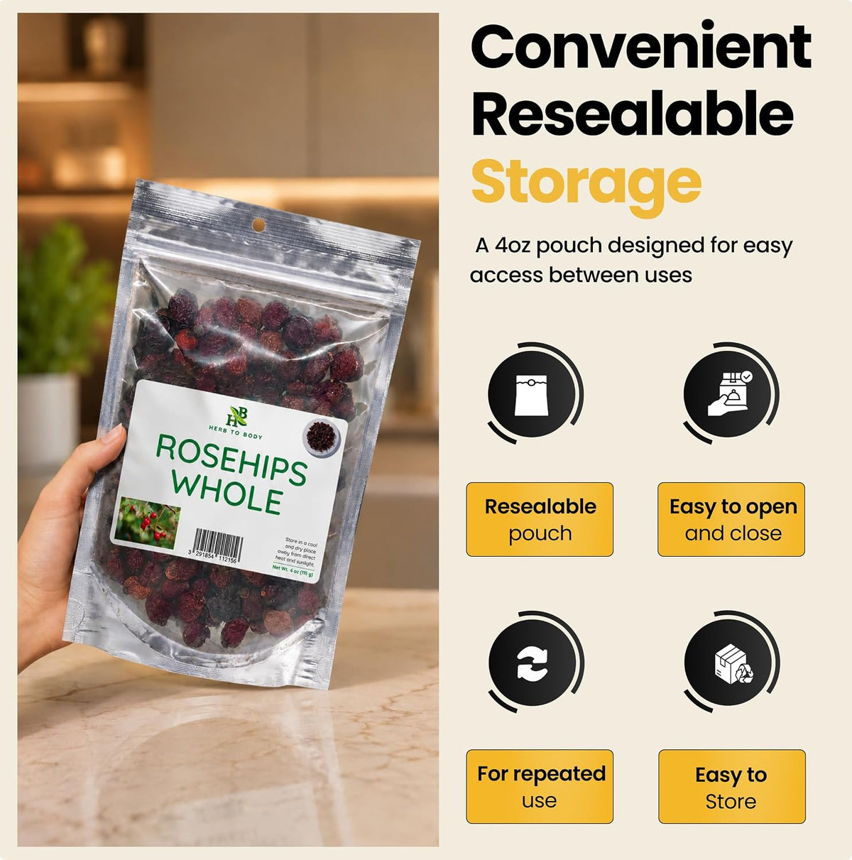 Herb To Body Rosehips Whole - Rosa Canina, Whole Dried Rosehips for Herbal Tea, Infusions & Culinary Preparations, Wildcrafted 4oz