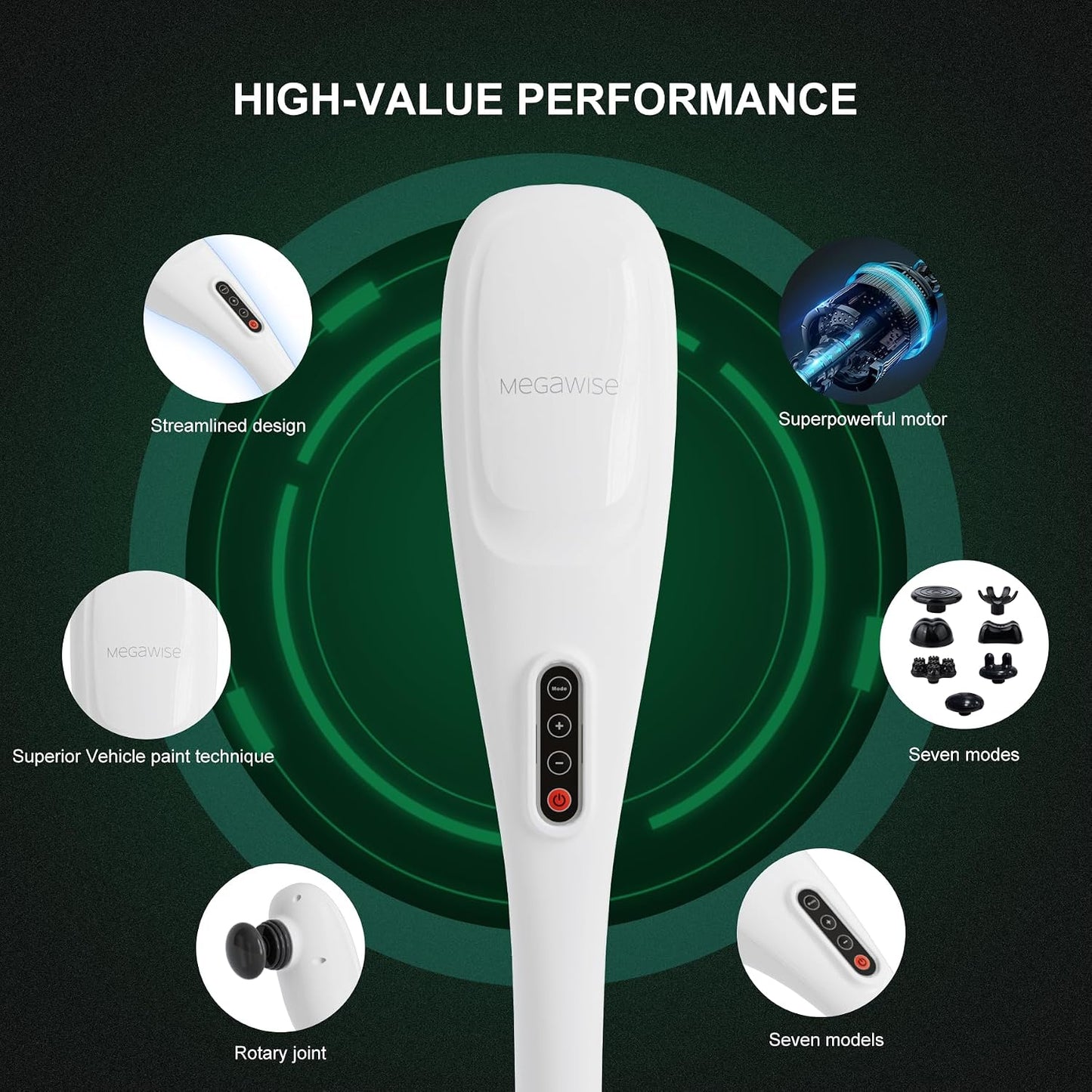 MEGAWISE Handheld Back Massager | Deep Tissue Percussion Massage for Back, Neck, Shoulders, Waist and Legs (Off-White)