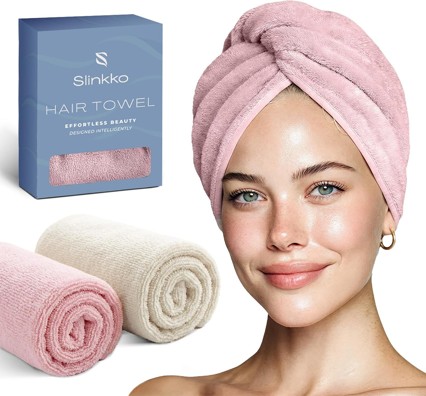 Microfiber Hair Towel Wrap for Women – Ultra Absorbent Quick Dry Turban | Button & Loop Design | Soft Lightweight Fabric | Reduces Frizz & Breakage | All Hair Types | Pink & Beige