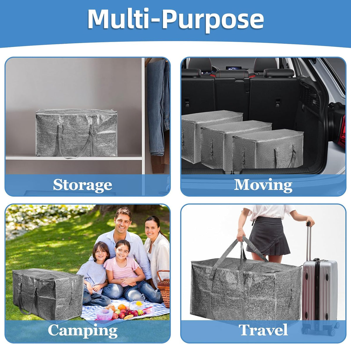 Moving Bags Extra Large - Heavy Duty Storage Totes with Wrap-Around Handles & Reinforced Zippers - Foldable Moving Box Alternative, Water-Resistant for Dorm, Closet & Under Bed Storage (Clear)