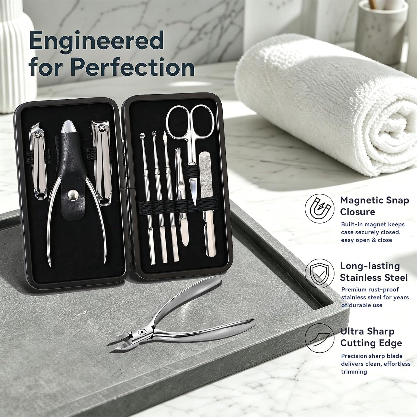 9 in 1 Professional Manicure Pedicure Set, Premium Stainless Steel Nail Clipper Grooming Tools with Magnetic Leather Travel Case, Portable Nail Kit Gift for Men & Women(Black)