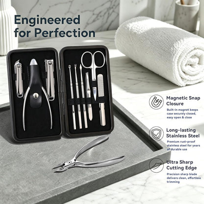 9 in 1 Professional Manicure Pedicure Set, Premium Stainless Steel Nail Clipper Grooming Tools with Magnetic Leather Travel Case, Portable Nail Kit Gift for Men & Women(Black)