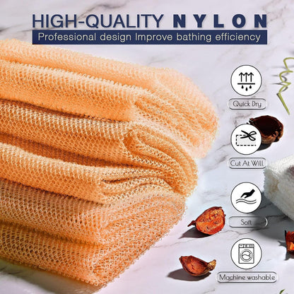 UJFQBH 3 Pieces African Bath Sponge African Net Long Net Bath Sponge Exfoliating Shower Body Scrubber Back Scrubber Skin Smoother,Great for Daily Use (Pink,Yellow,Purple)