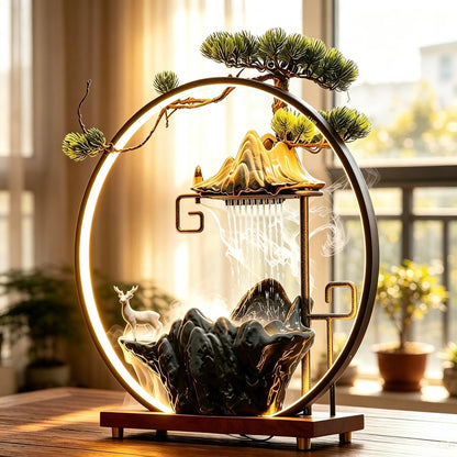 Mini Artificial Bonsai Tree Waterfall Fog Feature Rock Tabletop Fountain | 11in Desktop Decor Waterfall Fountain W/ Water Pump& Atomizer&LED Lights &Fake Tree Office Bedroom Relax