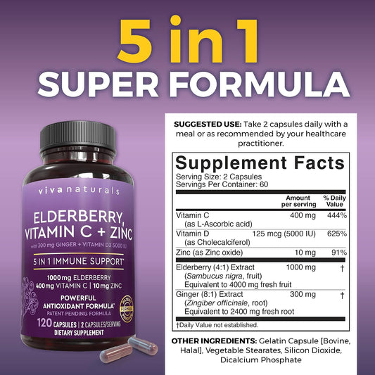 Viva Naturals Elderberry with Vitamin C and Zinc for Adults - 5 in 1 Sambucus Black Elderberry Capsules with Vitamin D3 5000 IU Immunity Supplement, Sambucus Elderberry Immune Support Supplement