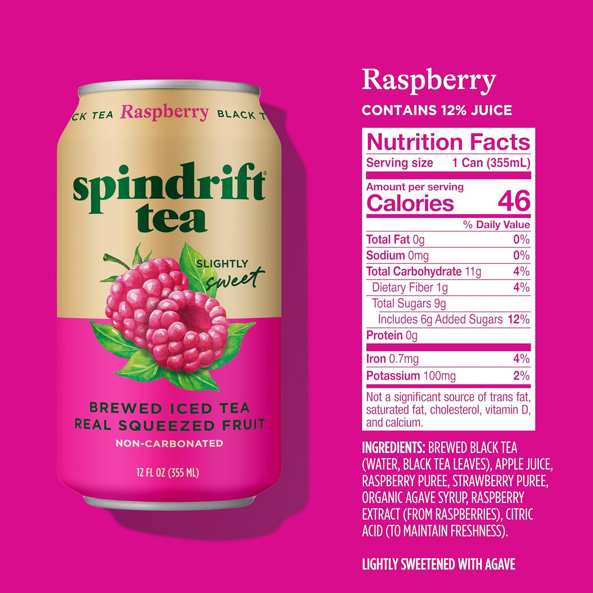 Spindrift Brewed Iced Tea, Raspberry Black Tea, Made with Real Squeezed Fruit, No Carbonation, Slightly Sweet, 12 Fl Oz Cans, Pack of 12 (Only 46 Calories per Can)