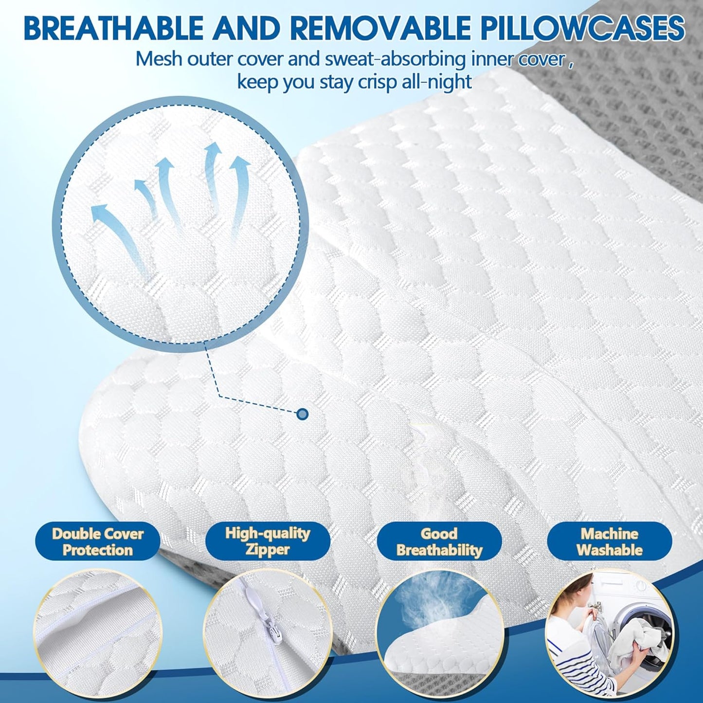 CHxxy Cervical Neck Pillow for Pain Relief Sleeping, Memory Foam Pillows, Ergonomic Side Sleeper Pillows, Cooling Orthopedic Neck Support Pillow for Back Stomach Sleepers-Queen Size Grey&Grey