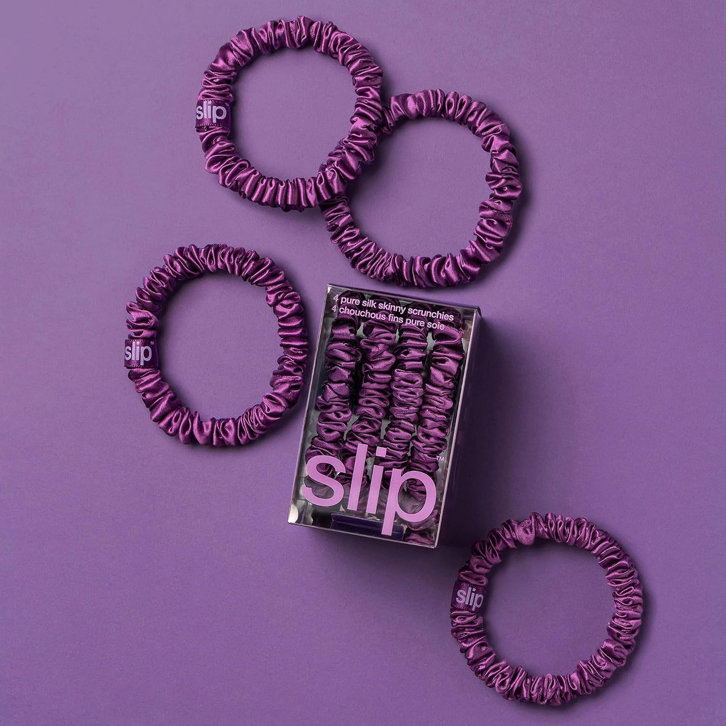 Slip Silk Hair Ties — Skinny Silk Black Scrunchies, No Damage, No Crease, Anti-Breakage |100% Mulberry Silk | All Hair Types | Made with Proprietary Slipsilk™ | Set of 4