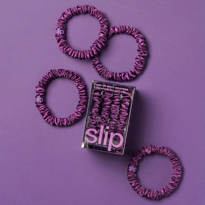 Slip Silk Hair Ties — Skinny Silk Black Scrunchies, No Damage, No Crease, Anti-Breakage |100% Mulberry Silk | All Hair Types | Made with Proprietary Slipsilk™ | Set of 4
