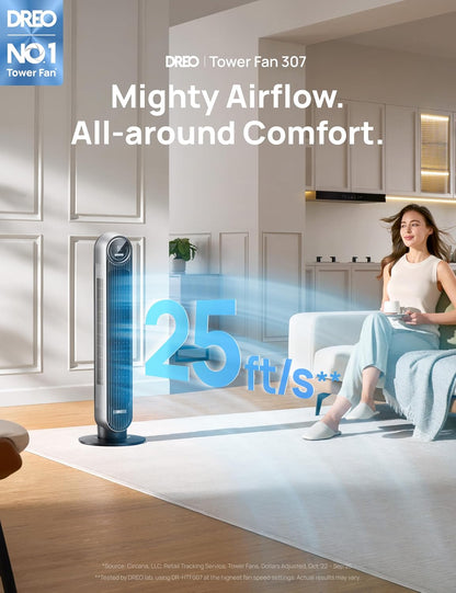 DREO Tower Fan for Bedroom, 2026 Upgraded DC Motor, 28ft/s High Velocity, 20dB Ultra Quiet Standing Fan, 8 Speeds 4 Modes, 90° Oscillating Bladeless Fan for Indoors, Floor Fans with Remote, Black