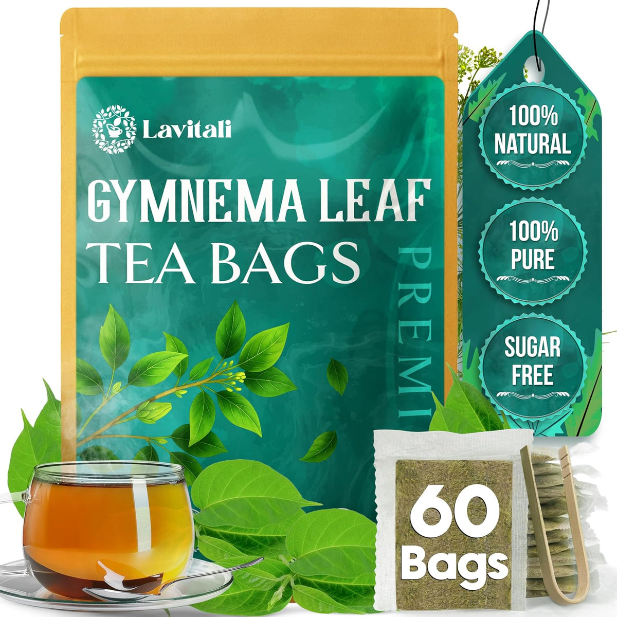 Lavitali, Gymnema Leaves Tea Bags | 60 bags, 100% Pure Herbal Tea | Caffeine-Free, Antioxidant-Rich, Eco-Friendly Filter Bag | Daily Natural Botanical, Hot or Iced Herbal Infusion