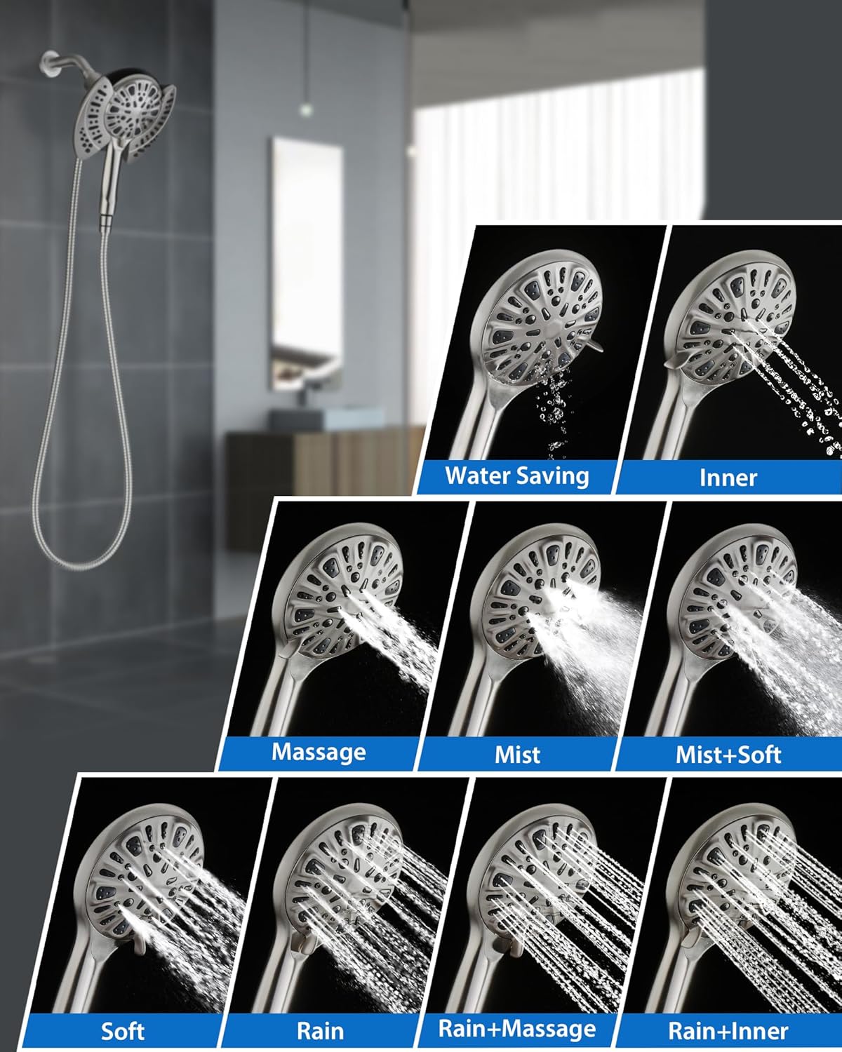 INAVAMZ Shower Head with Handheld High Pressure: Hand Held Shower Head & Rain Shower Head 2-IN-1 Shower Head with 59" Rotatable Stainless Steel Hose, Shower Trim Systems, Sliver 2.5 GPM 15391 Filter