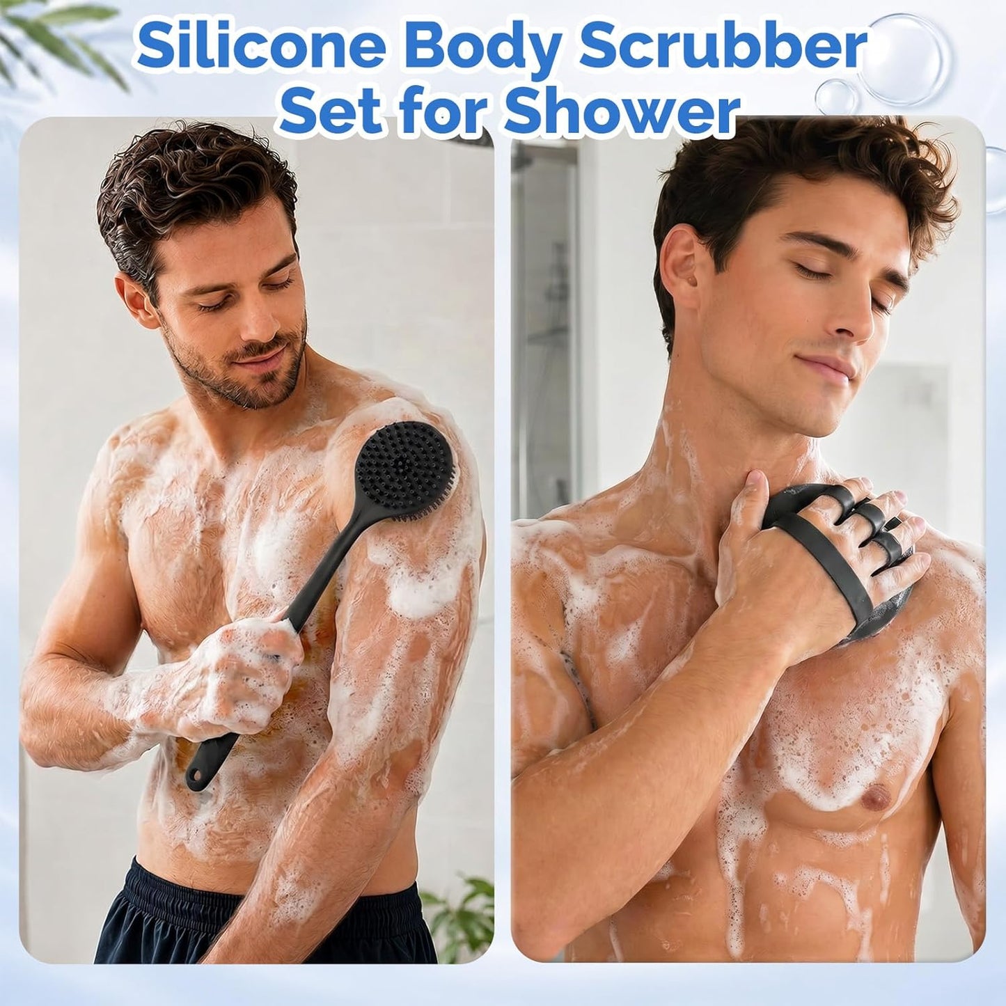 Manmihealth Silicone Back Scrubber (Thick Bristles) & Bath Glove & Face Brush Set (3PCS), Super-Exfoliating & Lathering Body Scrubber, Shower Brush, Face Scrubber Combination, with a Free Hook (Black)