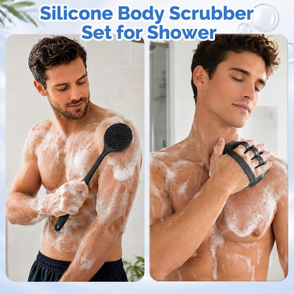 Manmihealth Silicone Back Scrubber (Thick Bristles) & Bath Glove & Face Brush Set (3PCS), Super-Exfoliating & Lathering Body Scrubber, Shower Brush, Face Scrubber Combination, with a Free Hook (Black)