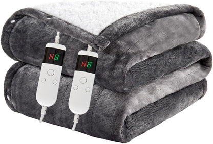 Electric Blanket Heated Throw, Soft Flannel 50"x60" Heating Blanket with 8 Hours Auto Off 10 Fast Heating Levels Machine Washable Sherpa Heated Blanket with Overheating Protection