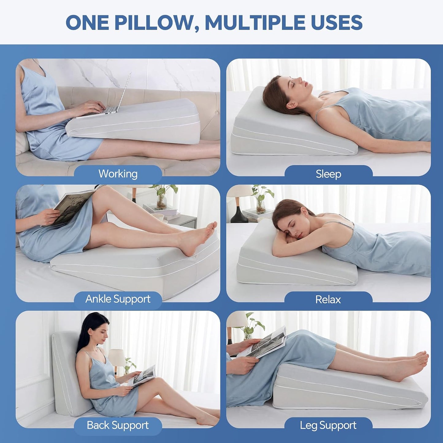 Adjustable Wedge Pillow, Q-max 0.35 Cooling Cover, 4 Heights Incline Pillow | 4 Adjustable Heights (2,4,6,8in), Memory Foam, Breathable Washable Cover, for GERD/Snoring/Back Pain/Leg Elevation