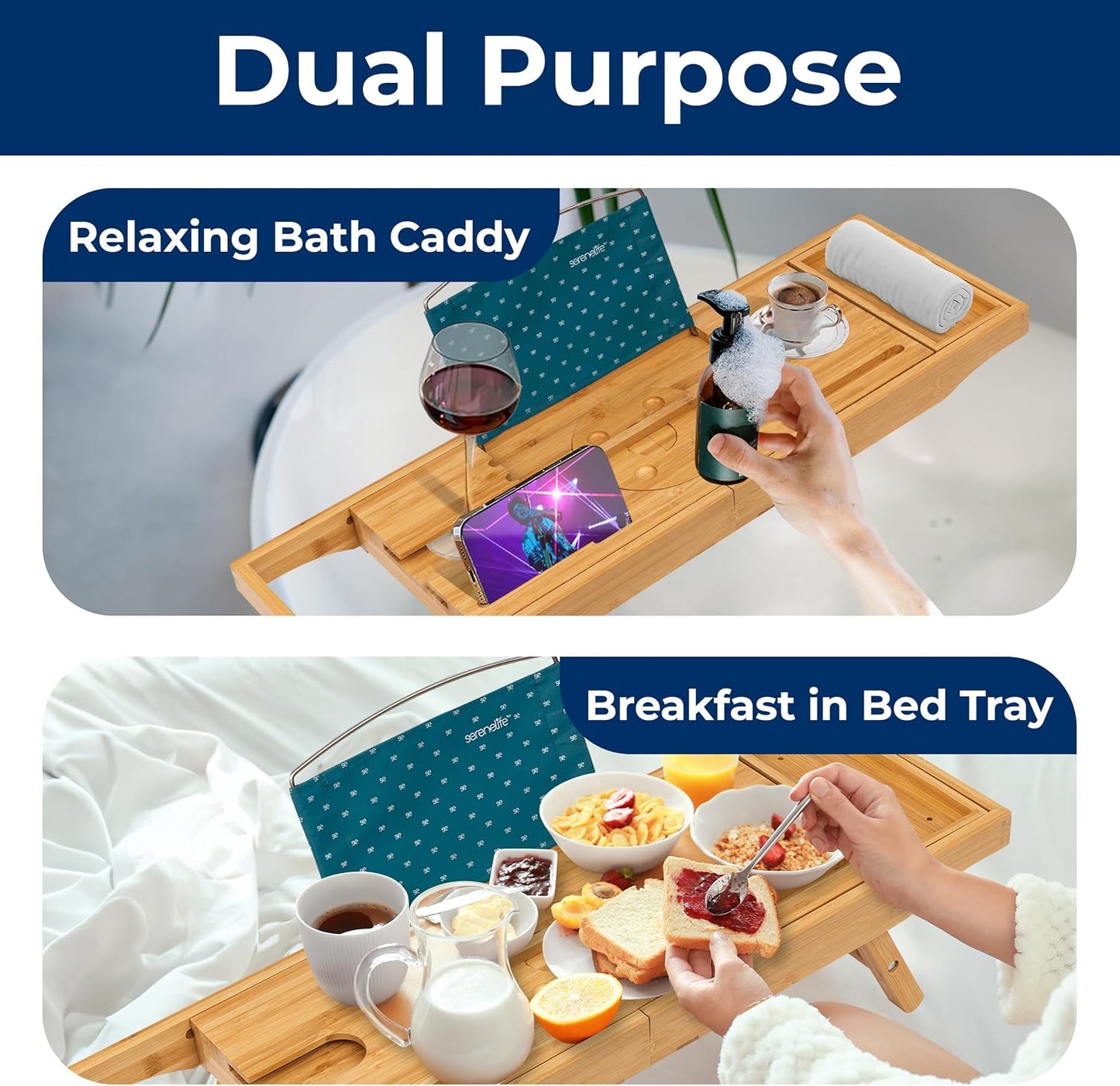SereneLife Bath Caddy Breakfast Tray Combo - Natural Bamboo Wood Waterproof Tub and Bed with Folding Slide-Out Arms, Device Grooves, Wine Glass Soap Holder