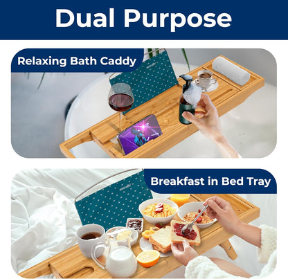 SereneLife Bath Caddy Breakfast Tray Combo - Natural Bamboo Wood Waterproof Tub and Bed with Folding Slide-Out Arms, Device Grooves, Wine Glass Soap Holder