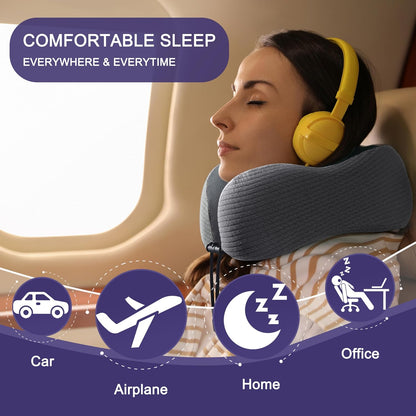 napfun Neck Pillow for Traveling, Upgraded Travel Neck Pillow for Airplane 100% Pure Memory Foam Travel Pillow for Flight Headrest Sleep, Portable Plane Accessories, Light Grey