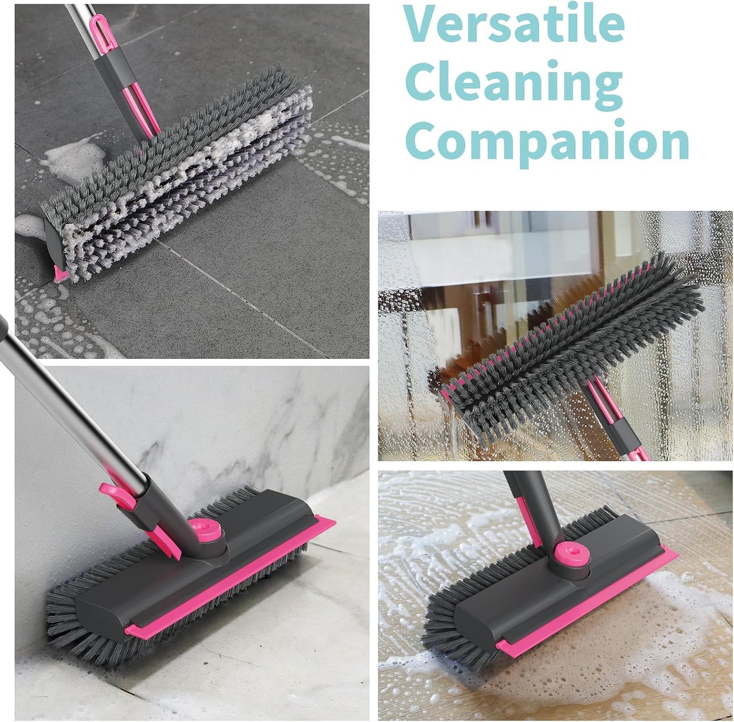 Floor Scrub Brush with Long Handle, 3 in 1 Scrape and Heavy-Duty Stiff Bristle Scrubber Brush Broom for Cleaning Shower Bathroom, Patio, Pool, Garage, Kitchen, Wall and Deck (White, 1 Pack)